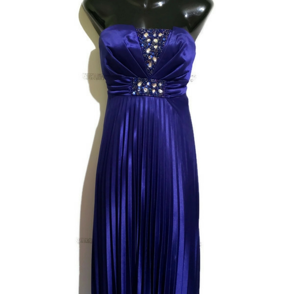 0427 Formal Strapless Pleated  Beaded Satin Maxi Dress